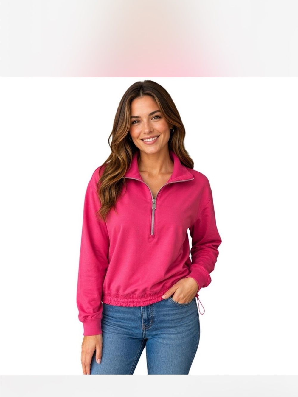 Athleta Triumph Hybrid Half Zip Sweatshirt hot pink active cinch bottom